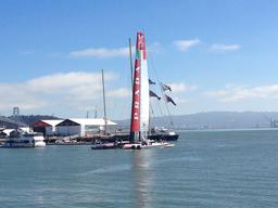 America's Cup boat Prada preparing to leave her mooring.