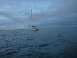 Crazy Love at anchor in Bahia Santa Maria. Heading out to a dinner party aboard the S/V Lilo.