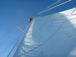 Superhero Dave up the mast.