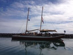 Hikianalia on its way out for a day sail.  Hikianalia has all the modern technology needed aboard.  Hokule'a will be navigating and sailing as the native Polynesians without even a sextant for navigation.