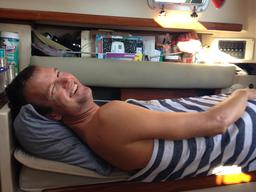 Dave sporting his newly installed lee cloth.  Yep he has pants on.