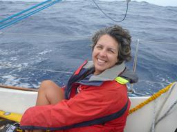 Rosie with windblown hair and foulies.  The breeze was blowing nicely that day.