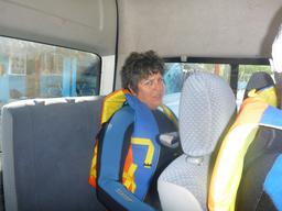 Carolyn ready to snorkel in her wetsuit.  It was really warm in the car with the wetsuits on.